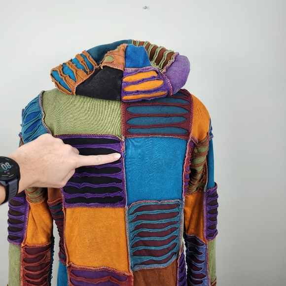 Ark Import Artsy Boho Faded Patchwork Hooded Fleece Lined Jacket Size M Hippi - Picture 15 of 16